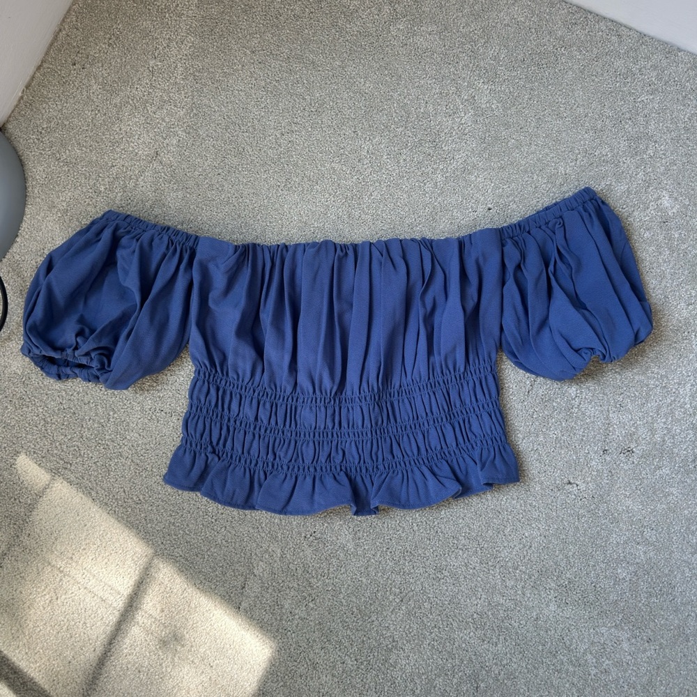 Abercrombie & Fitch Off-the-Shoulder Smocked Crop Top - Deep Blue